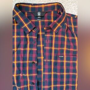 Volcom Men’s Maroon Plaid Button-Down Shirt with Navy & Yellow Stripes